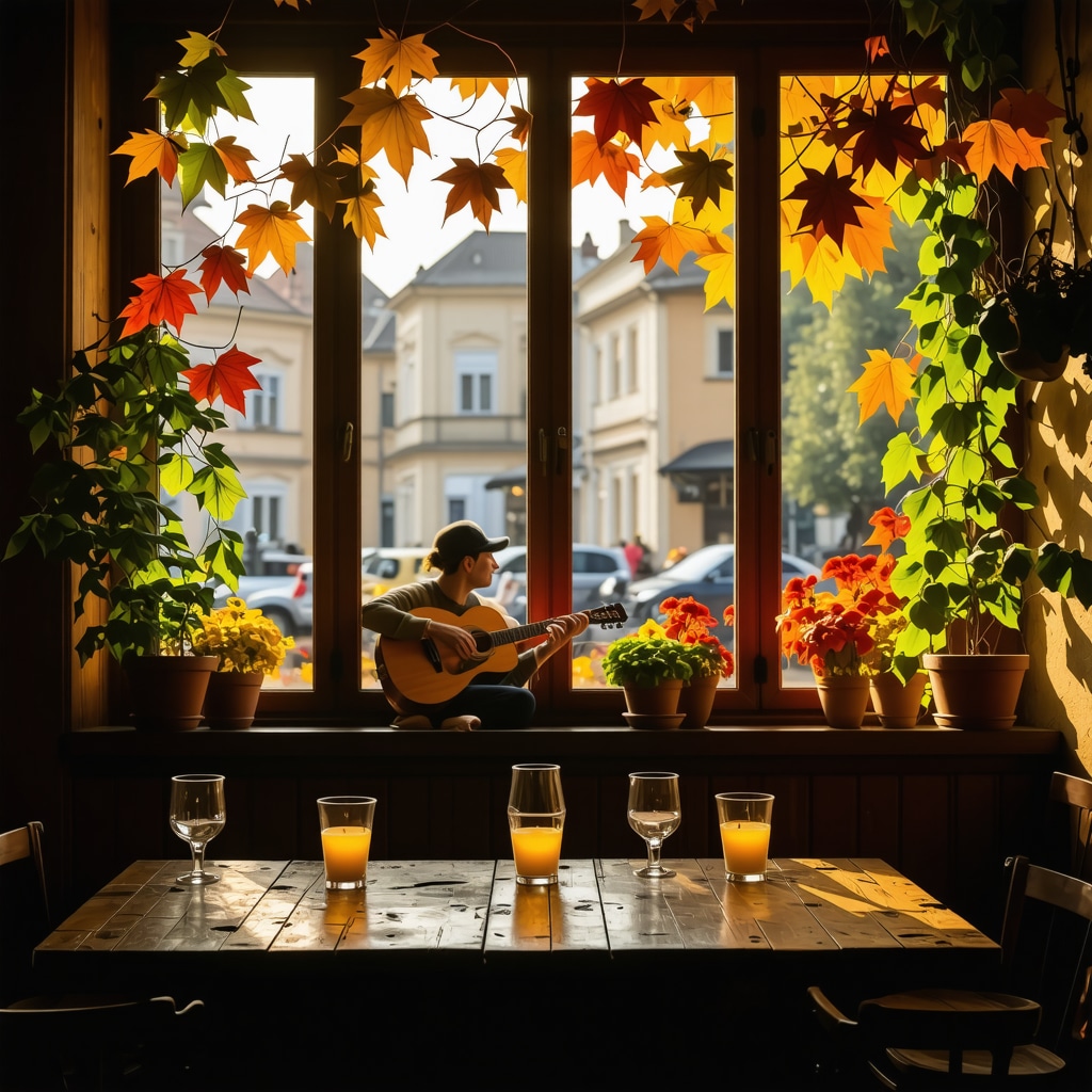 Warm cozy cafe in Sibiu during autumn with live folk music and colorful leaves