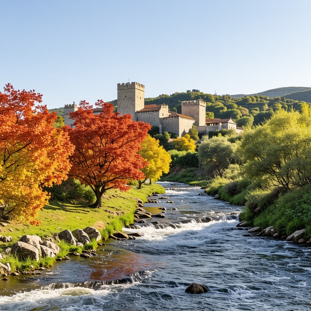 Autumn foliage and historic castle by river in Trebinje
