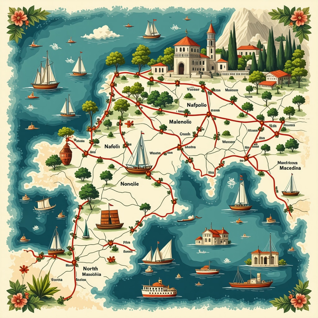 Map showing connected Balkan destinations including Nafplio, North Macedonia, and Croatia with icons representing culture and gastronomy