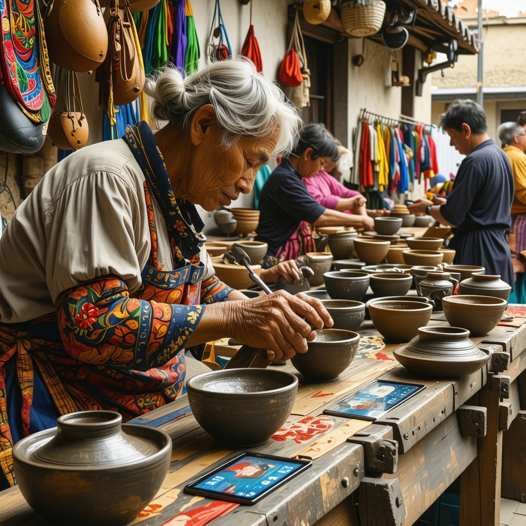 Artisans crafting traditional pottery and textiles with augmented reality digital displays in Banja Luka