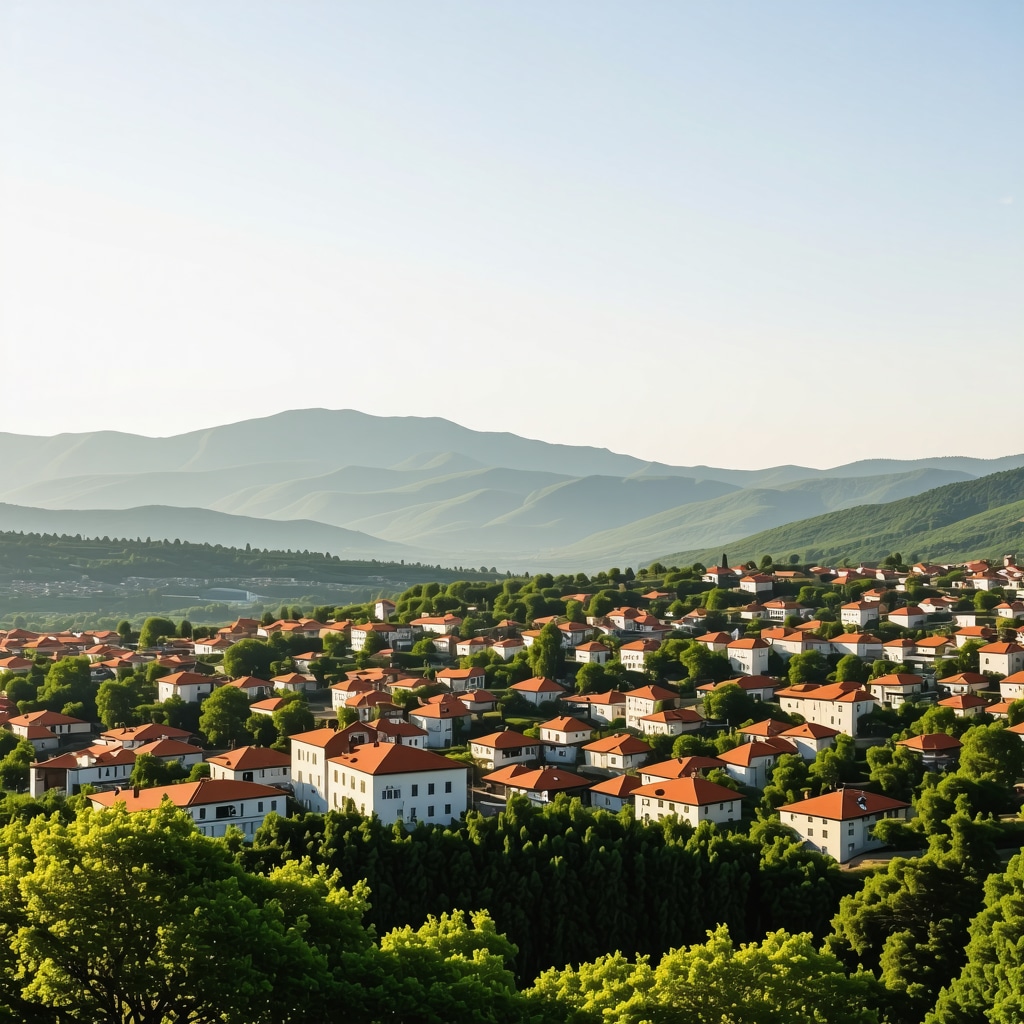 Panoramic view of Banja Luka city with cultural landmarks and surrounding green mountains