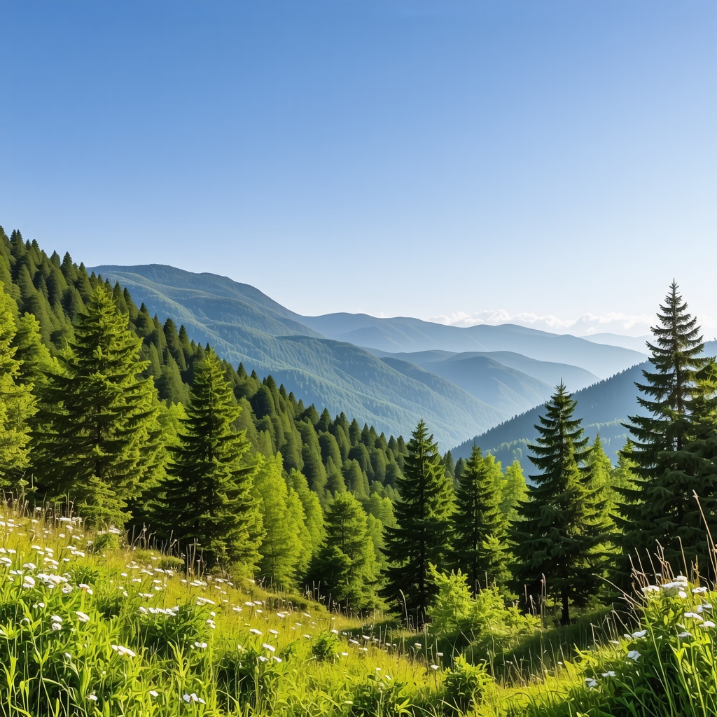Panoramic view of dense forests and wildflowers in the mountains near Pejë, Kosovo