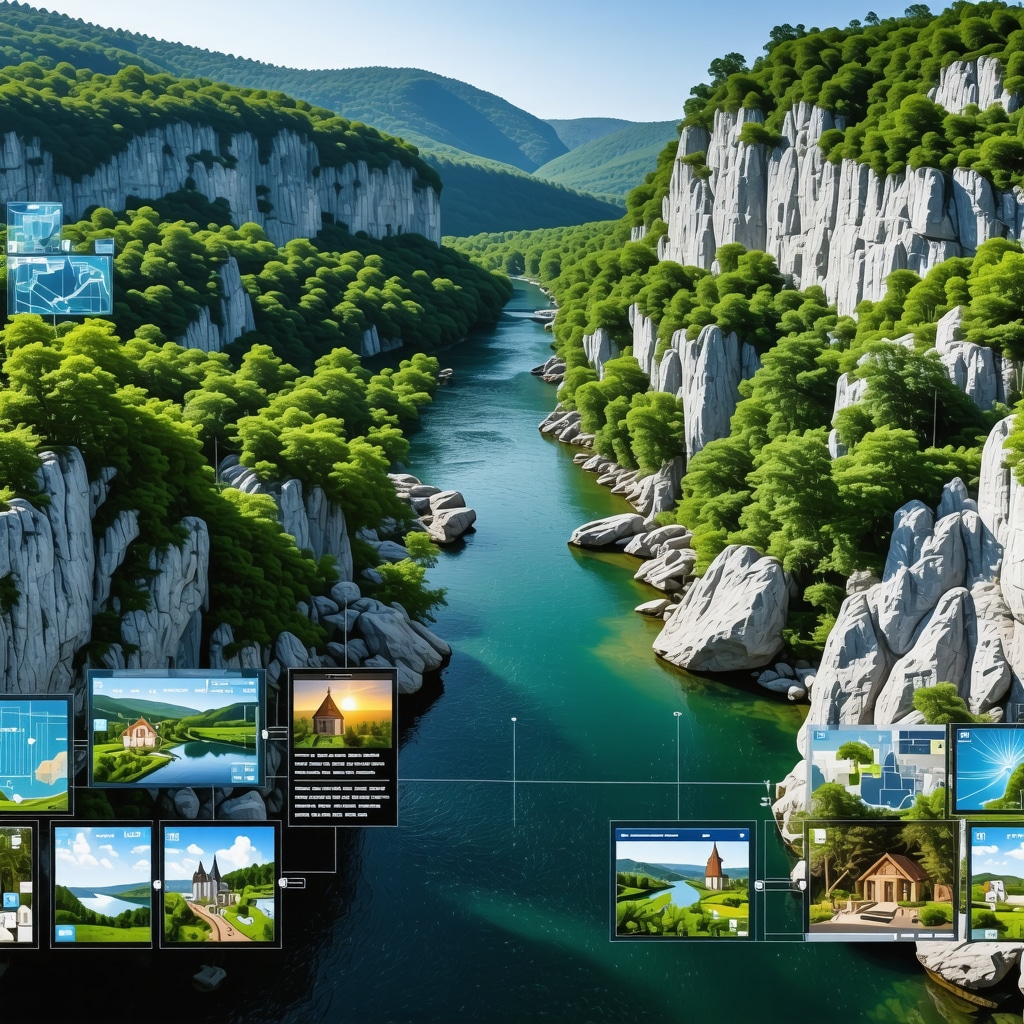 Panoramic view of Buna river source with digital data overlays representing conservation efforts