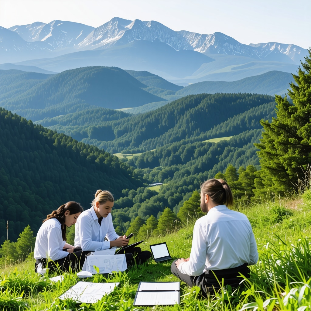 Panoramic view of Central Balkan National Park with diverse flora and scientists studying ecology
