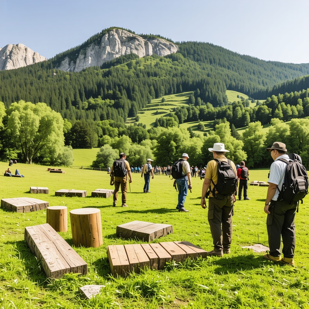 Panoramic view of Central Balkan National Park with hikers and traditional wooden crafts representing Gabrovo's natural and cultural heritage