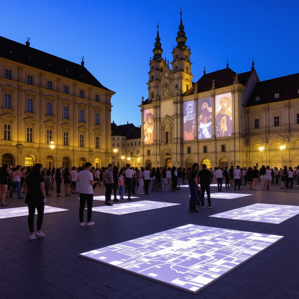 Cluj-Napoca public square with historic buildings and modern digital art installations featuring diverse community interaction