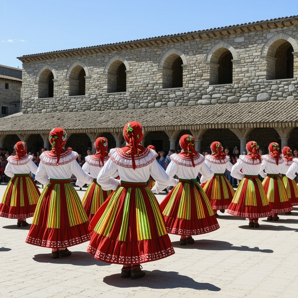 Traditional Macedonian dancers at a cultural festival in Kumanova with digital heritage displays