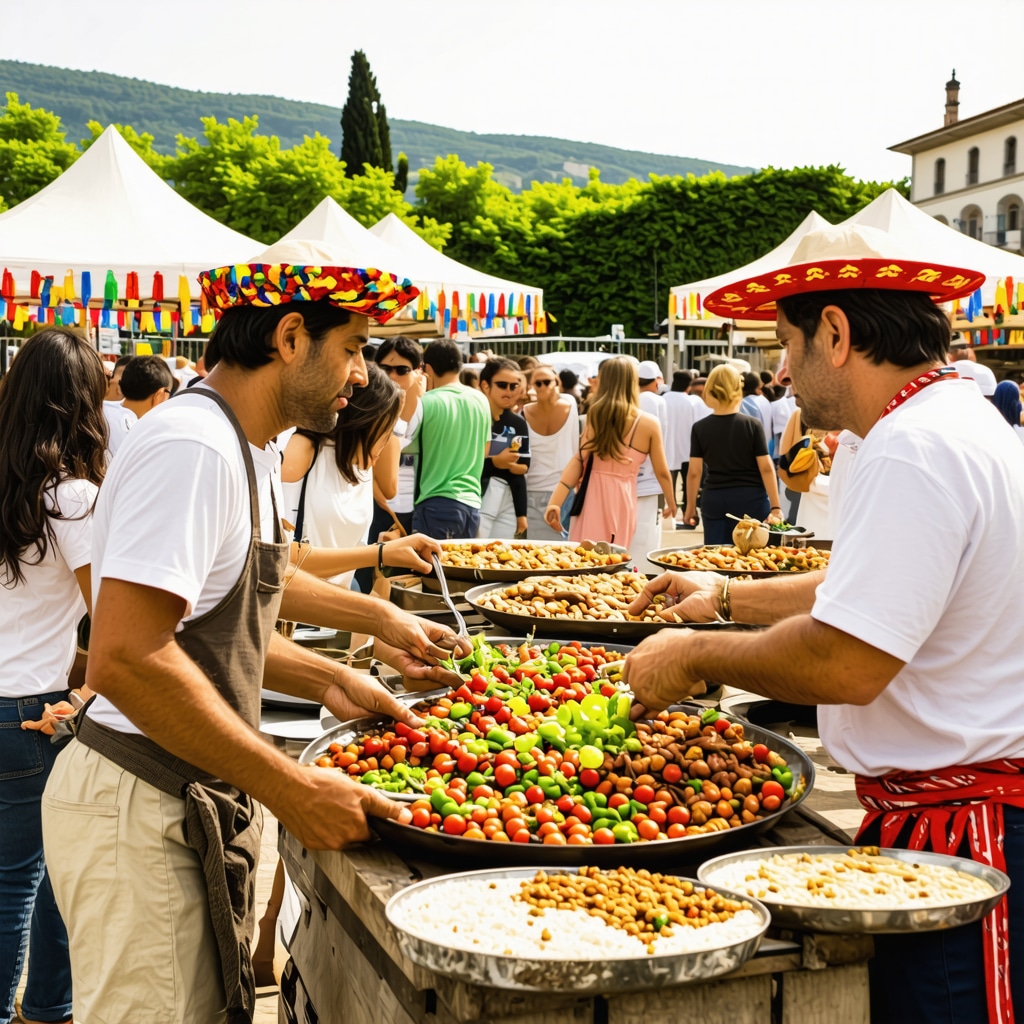 People enjoying traditional Albanian food and music at a vibrant outdoor festival in Tirana