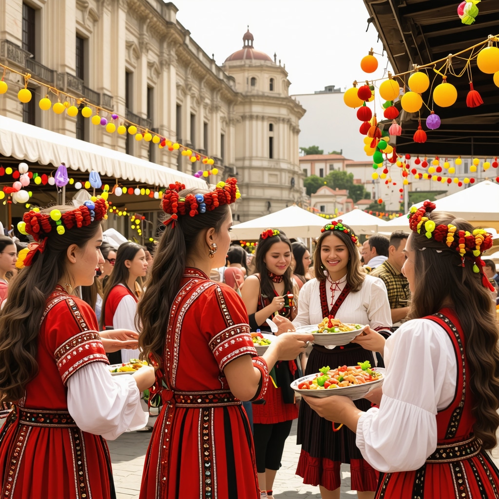 People enjoying a vibrant traditional Albanian festival with food and decorations in Tirana's historic urban setting
