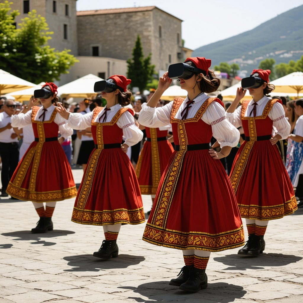 Traditional dancers in colorful costumes with digital AR/VR displays at a cultural festival in Xanthi