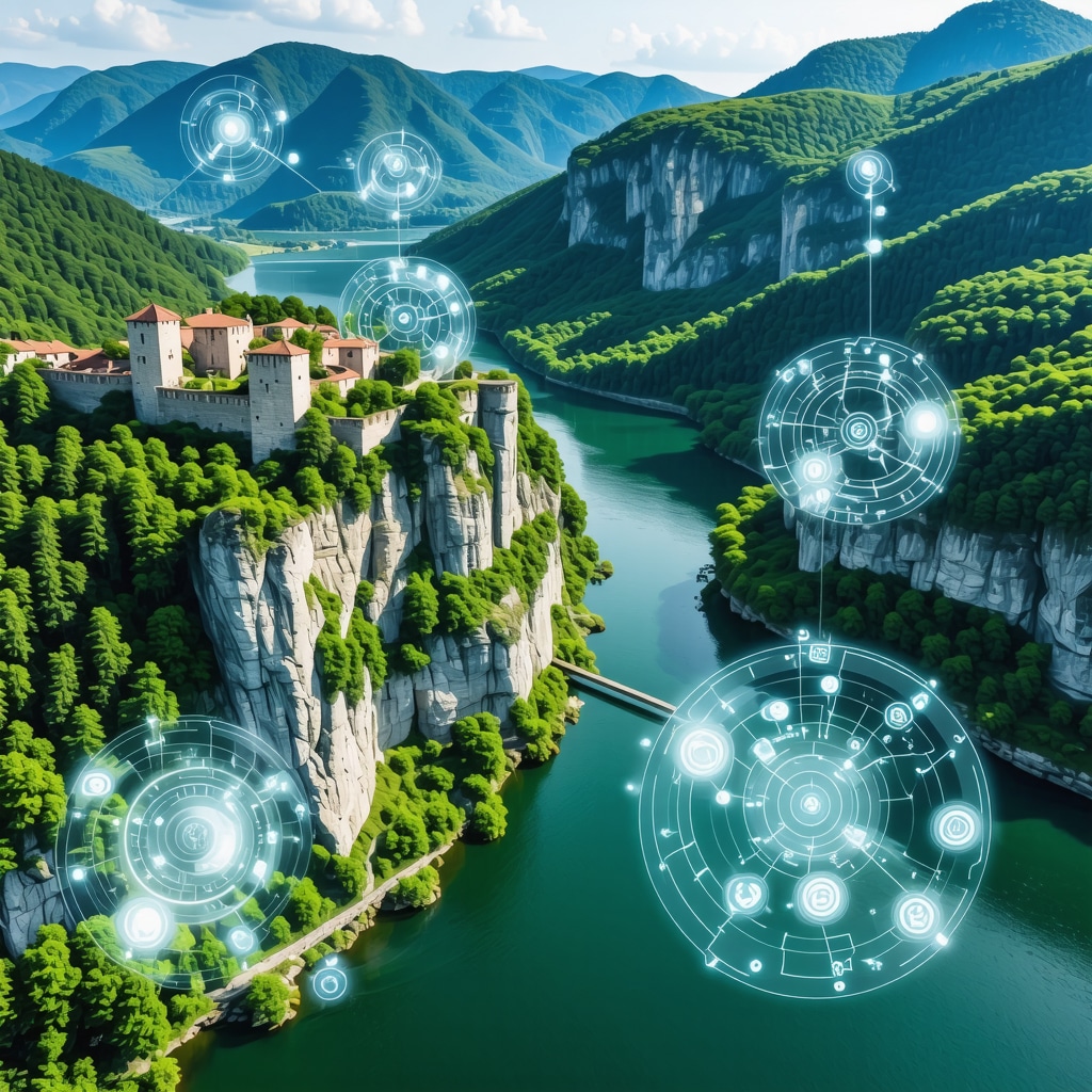 Aerial photo of Đerdap National Park featuring Danube Gorge, Golubac Fortress, and digital icons representing sustainable tourism technologies
