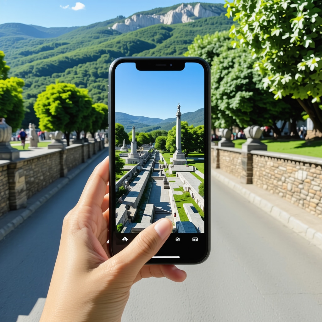 Smartphone displaying augmented reality view of Banja Luka's historical sites and natural surroundings