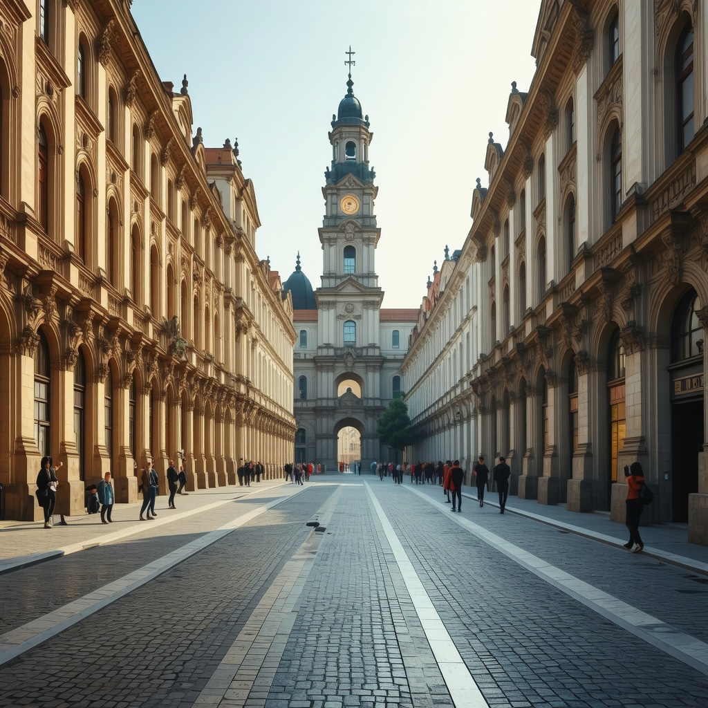 Futuristic representation of Timisoara's historic buildings with 3D scanning and augmented reality overlays