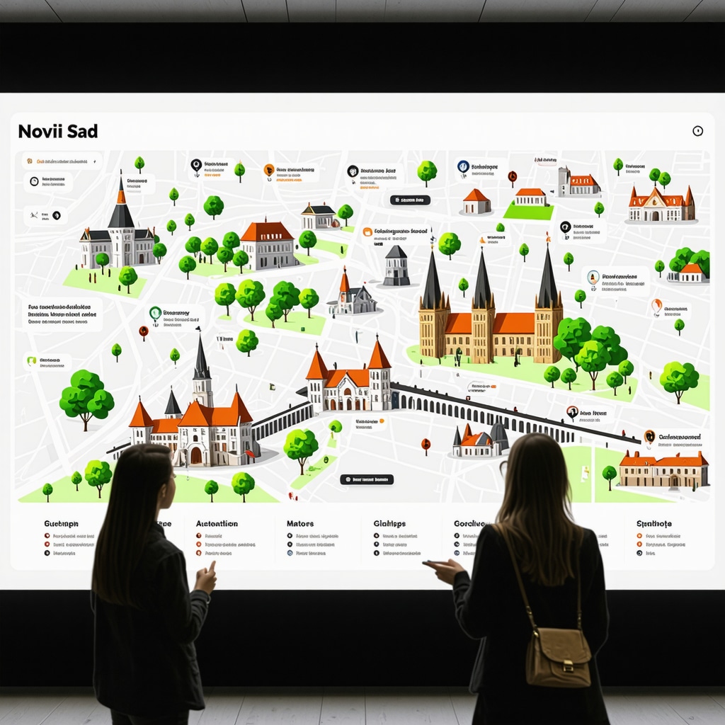 Interactive digital map display highlighting Novi Sad's cultural heritage sites with AR features