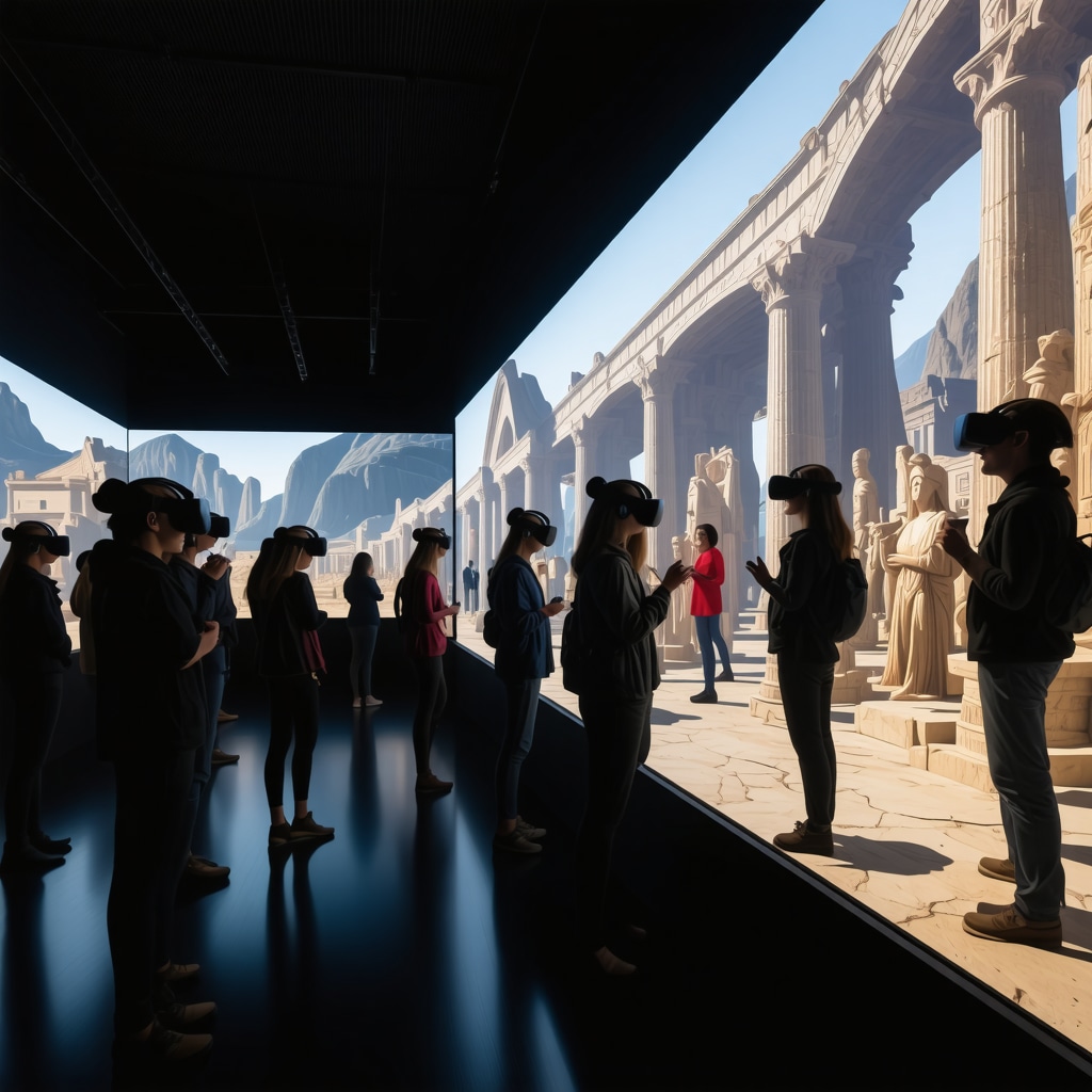 Visitors experiencing augmented reality and virtual reality in a Patras cultural museum