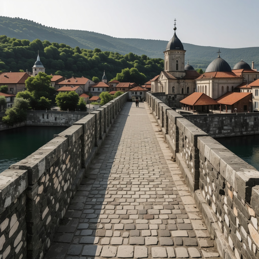 3D digital rendering of Višegrad's bridge, churches, and mosques showcasing virtual reality tourism