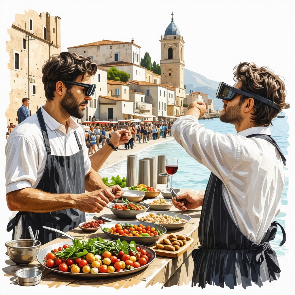 Illustration combining Nafplio's Venetian buildings, local Greek food, and a tourist using AR technology at archaeological site
