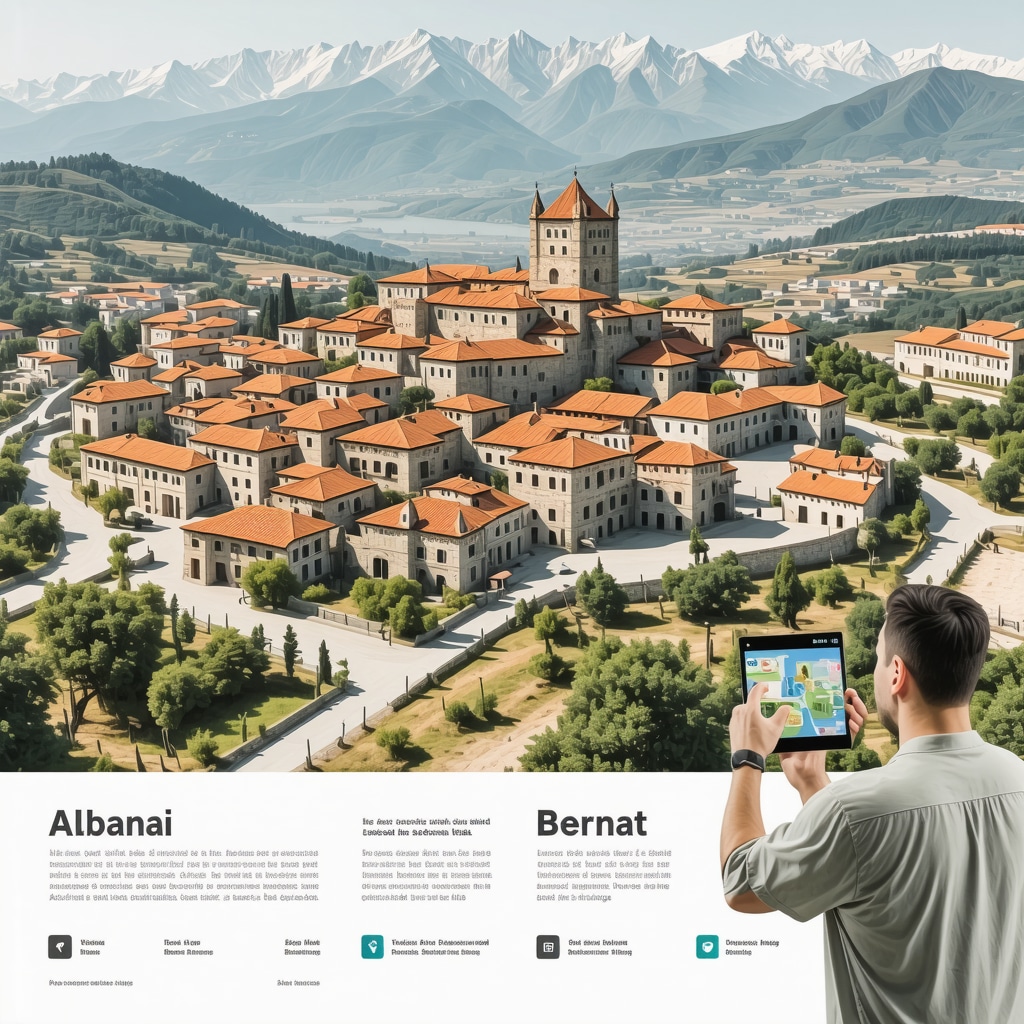 Interactive digital map showcasing Berat's historical landmarks with augmented reality elements and tourists engaging with technology