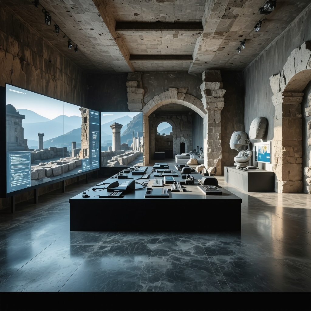 Control room with digital displays showing AI monitoring of Butrint ancient ruins