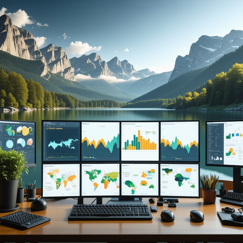 Digital control room with ecological data monitoring over Bohinj's lake and mountain scenery