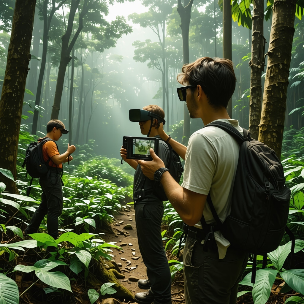 Tourists using augmented reality devices in a forested area of Bulgarka National Park for sustainable tourism