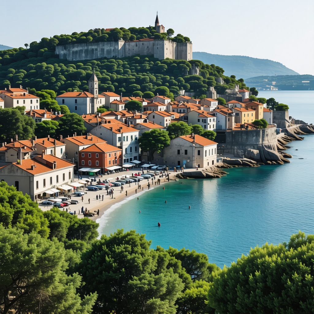 Digital rendering showing sustainable tourism technologies and green infrastructure in Piran coastal town
