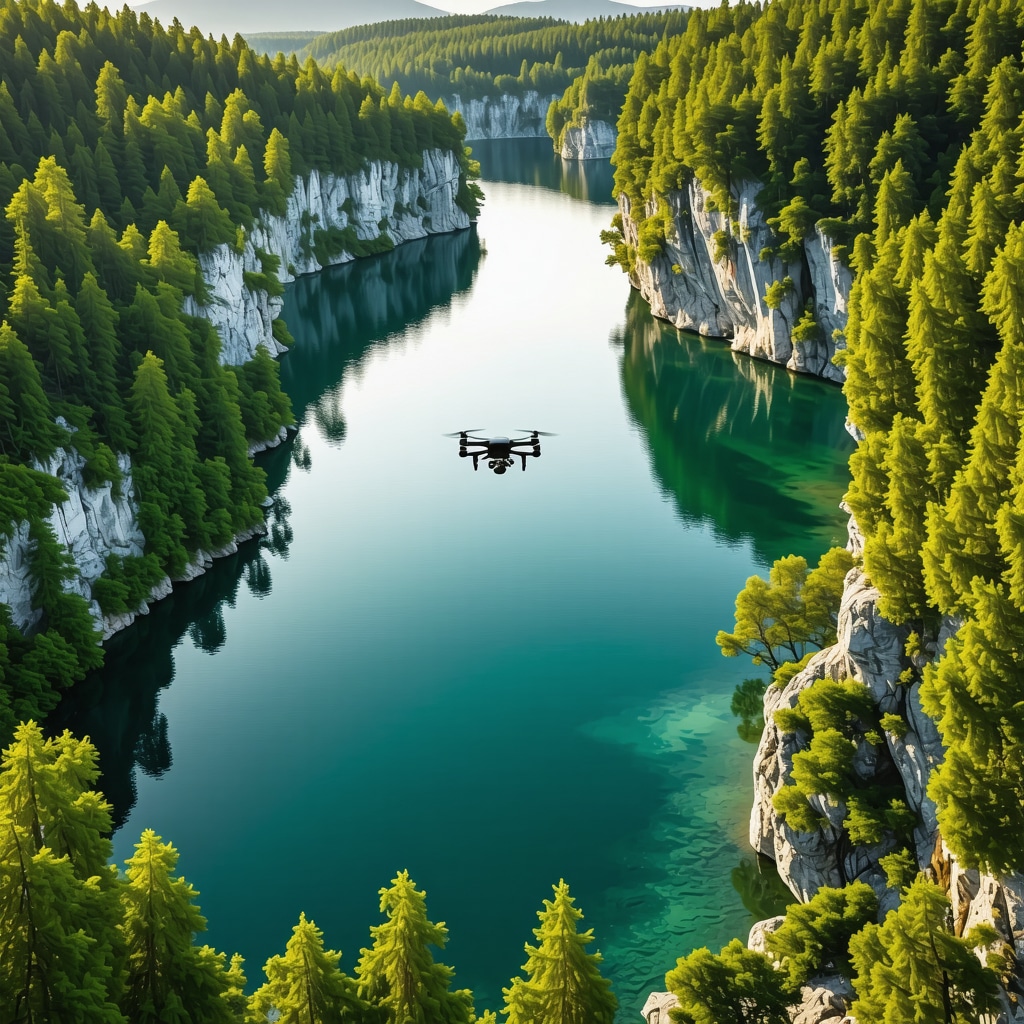 Aerial drone photo capturing the lakes, waterfalls, and surrounding forest of Plitvice Lakes National Park during sunrise