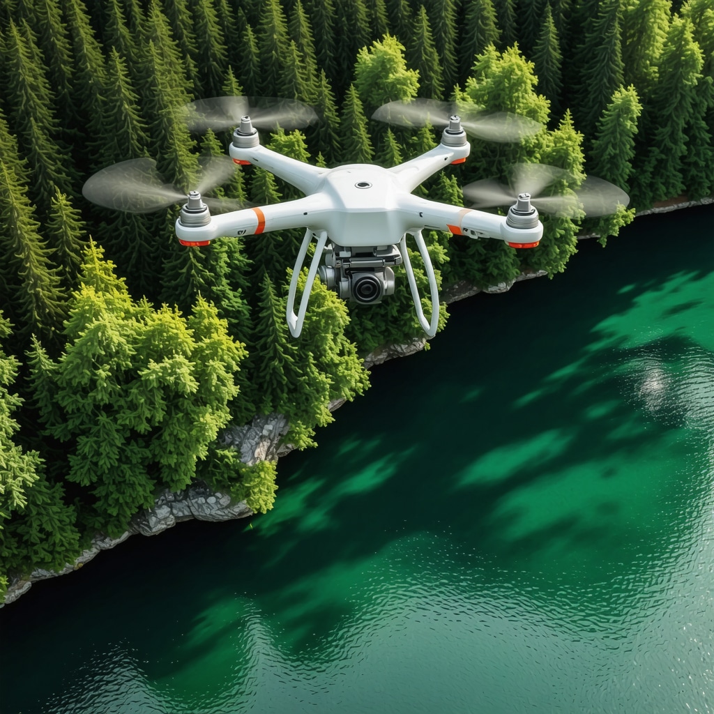 Drone equipped with multispectral sensors flying over Plitvice Lakes National Park monitoring ecosystem