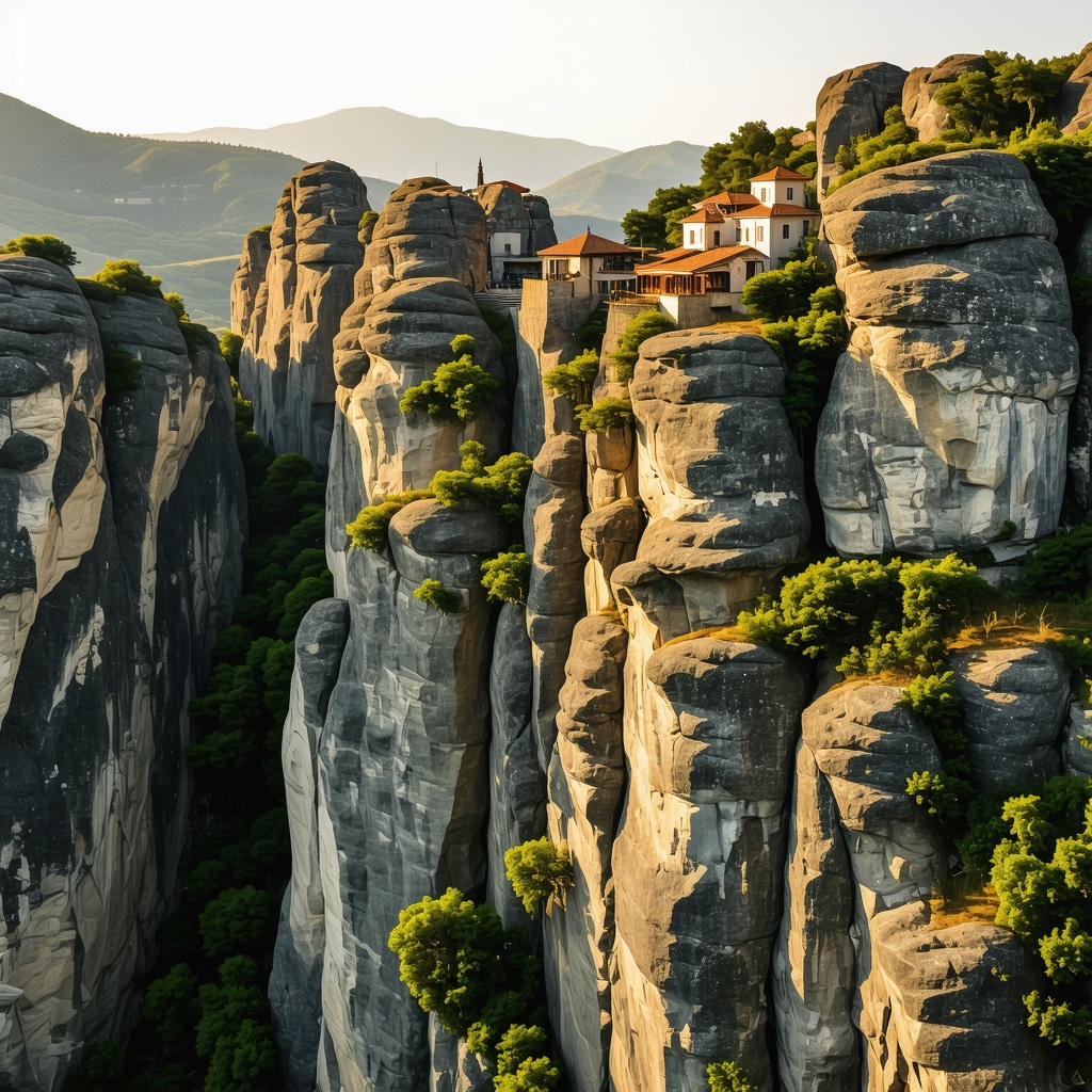 Aerial photograph showing Meteora monasteries on tall rock formations during sunset with warm lighting and scenic landscape.