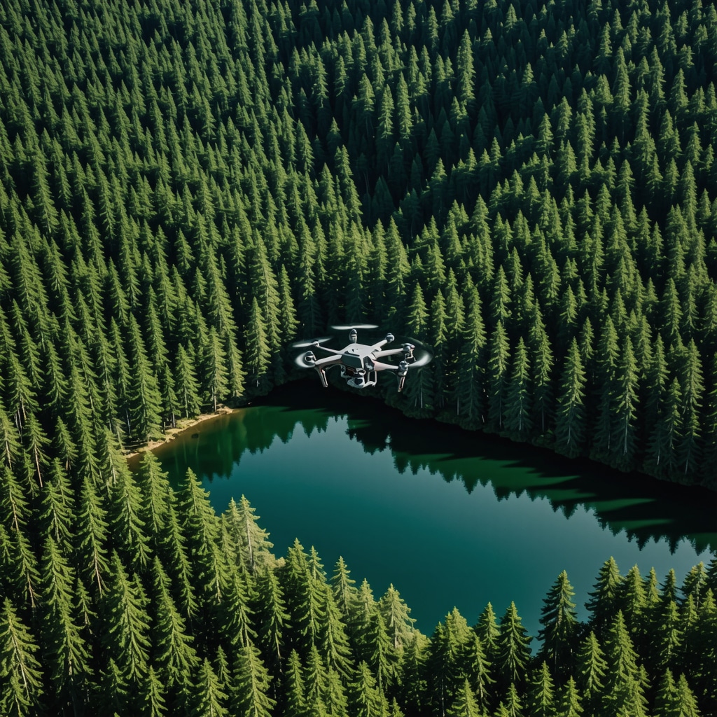 Drone flying above Mavrova National Park capturing environmental data with AI analytics overlay