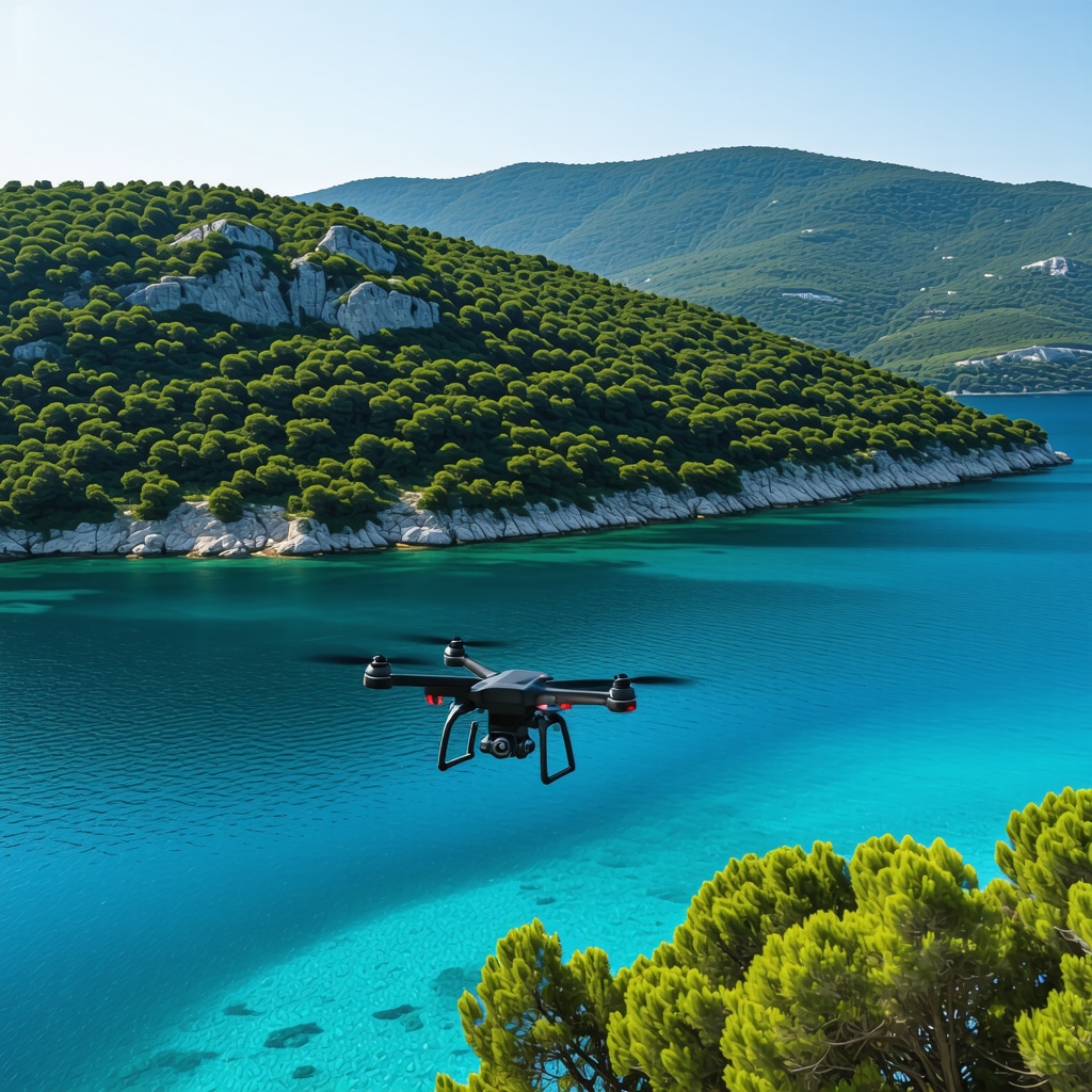 Aerial drone image of Mljet National Park featuring ecological sensors and natural environment