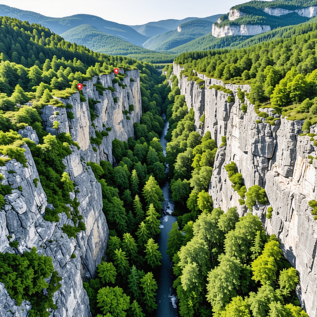 Aerial drone view of Rugova Canyon featuring green cliffs and sustainable hiking paths with augmented reality