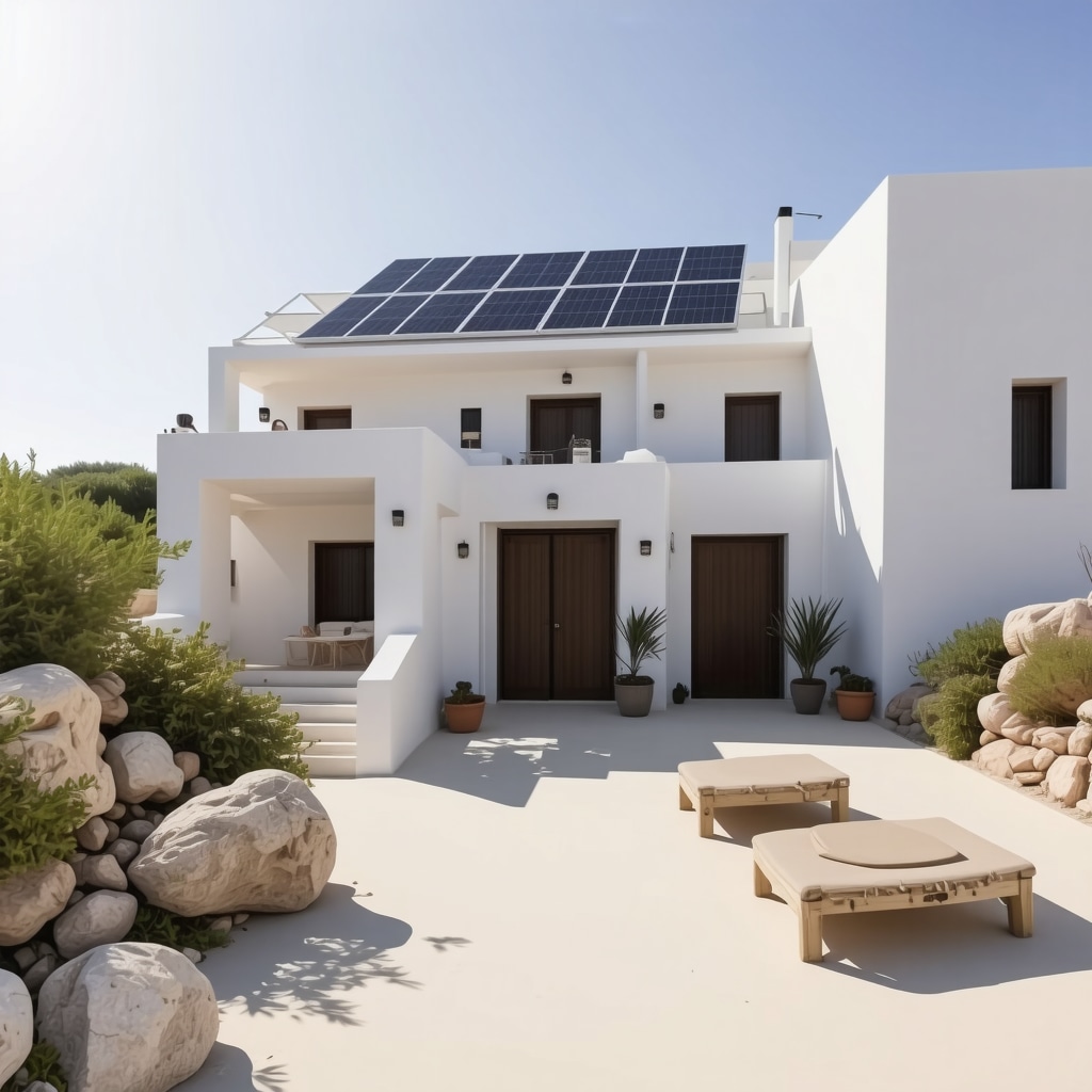 Modern eco-friendly hotel with solar panels and smart energy systems in Mykonos surrounded by white Cycladic buildings and Mediterranean landscape
