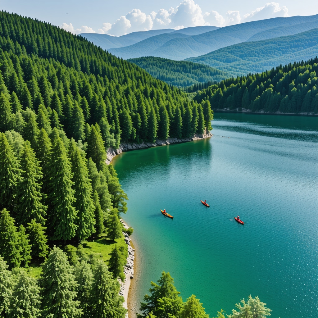 Aerial photograph showing Lake Ohrid, surrounding forests, mountains, and tourists engaging in sustainable outdoor activities.