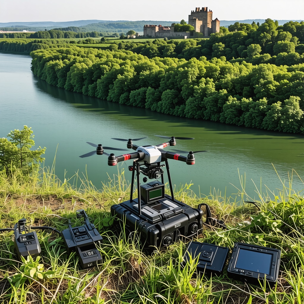 Drones and sensors monitoring the ecosystem of Đerdap National Park with Danube river and fortress visible