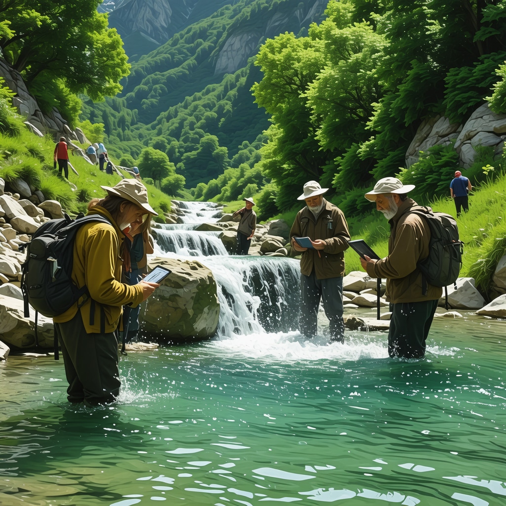 Modern water quality monitoring sensors installed at a pristine Bosnian spring with local villagers participating in environmental data collection