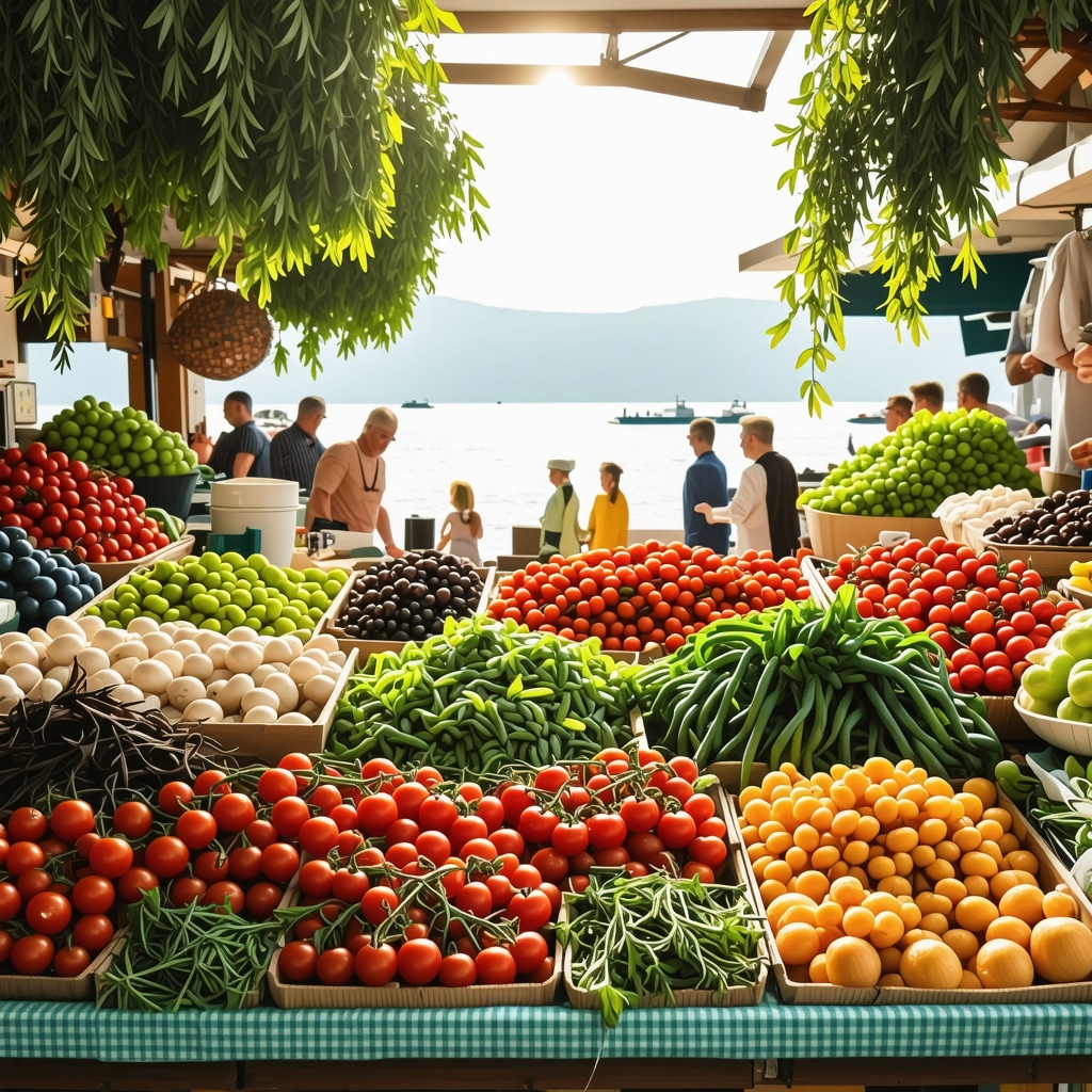 Fresh seafood and local Croatian produce displayed at a vibrant farmers' market in Zadar with Adriatic Sea visible
