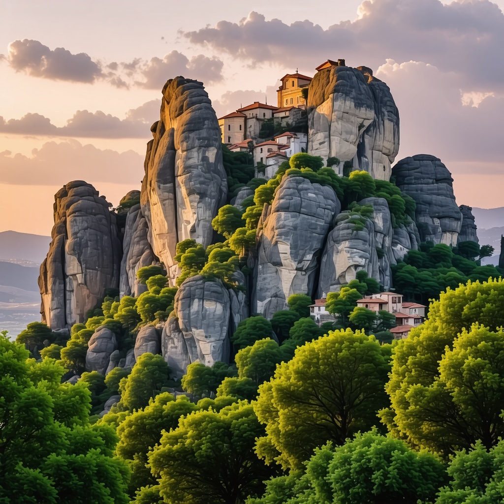 Manastiret e Meteora-s mbi shkëmbinj gjigantë gjatë orëve të artë me pamje natyrore dhe atmosferë shpirtërore
