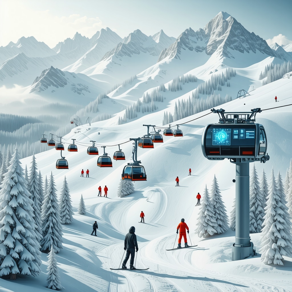 Borovets ski resort integrating smart tech with solar panels, AR signs, and mobile app usage among skiers in snowy Rila mountains