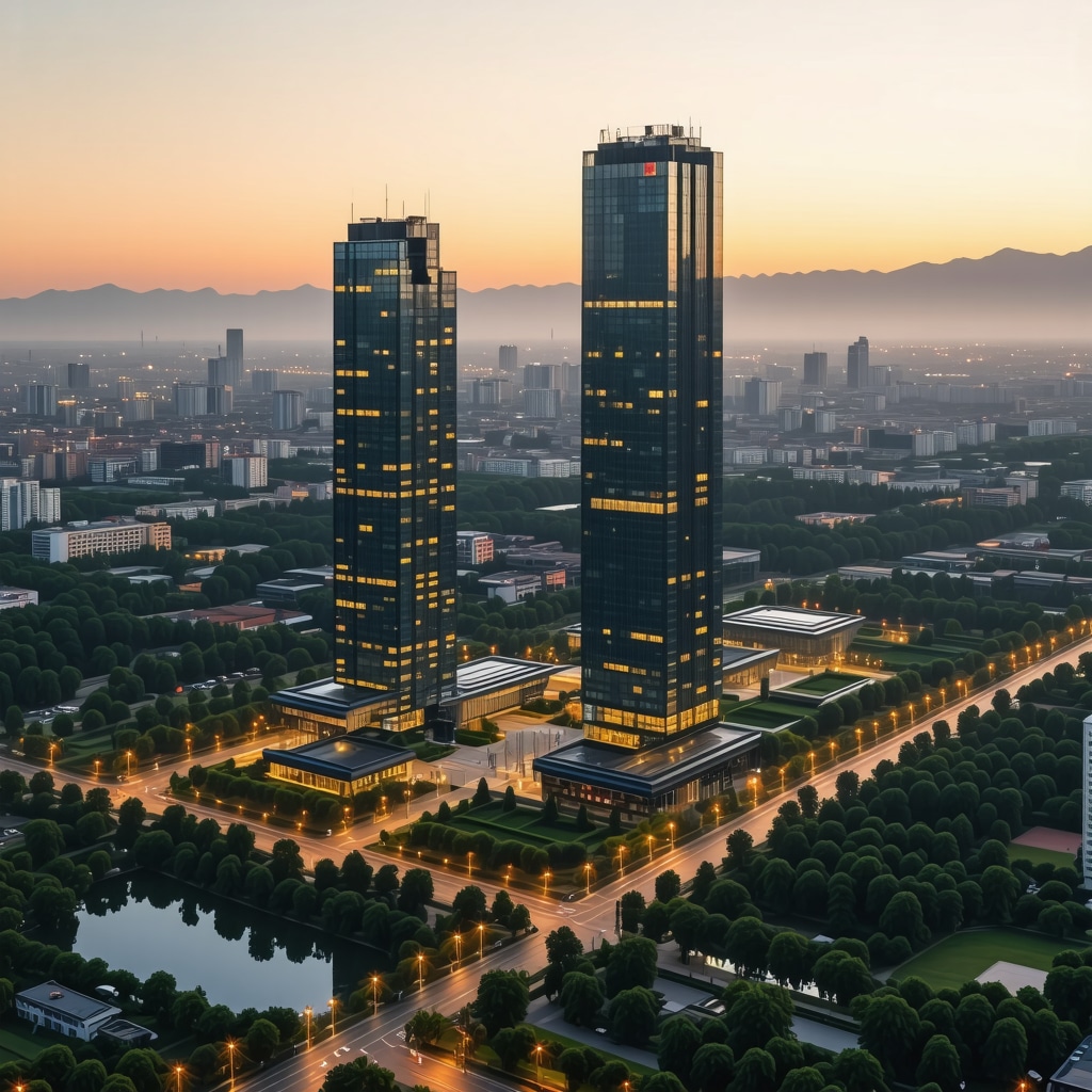 Bucharest cityscape featuring modern skyscrapers integrated with green urban parks and advanced technology
