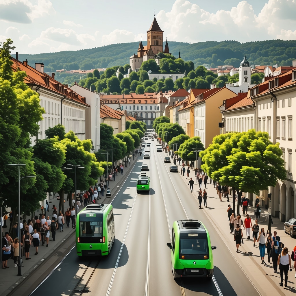 Smart city technology in Ljubljana with historic castle and green transport