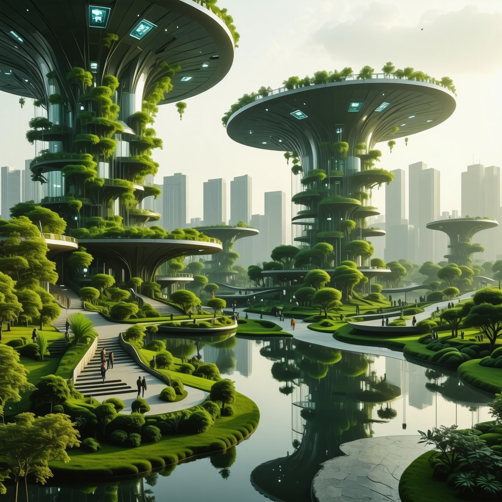 Modern Bucharest urban park with ecological towers and smart city technology