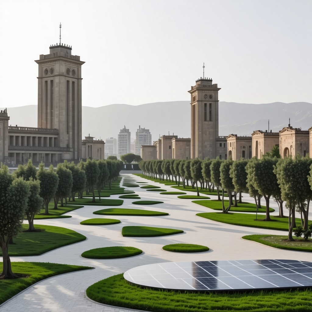 Urban park in Tirana with historic ruins and modern green technology elements