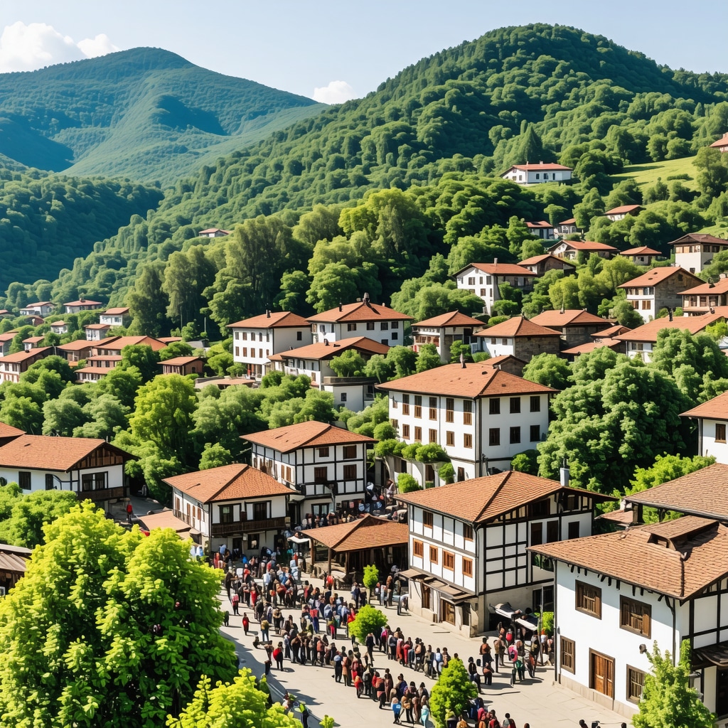 Traditional houses of Gabrovo surrounded by green mountains with a cultural festival in the background