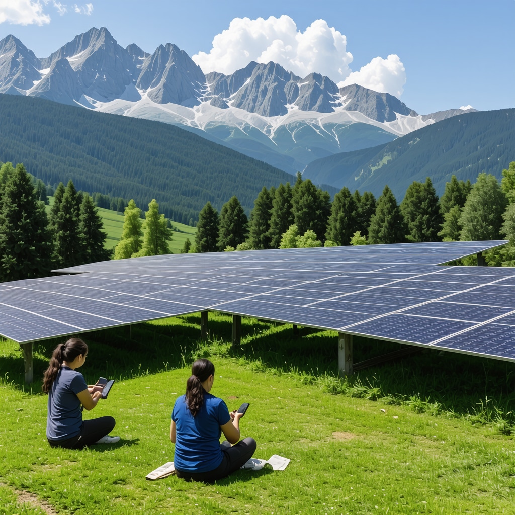 Panoramic view of Mavrovë National Park featuring solar panels and eco-tourists using digital apps