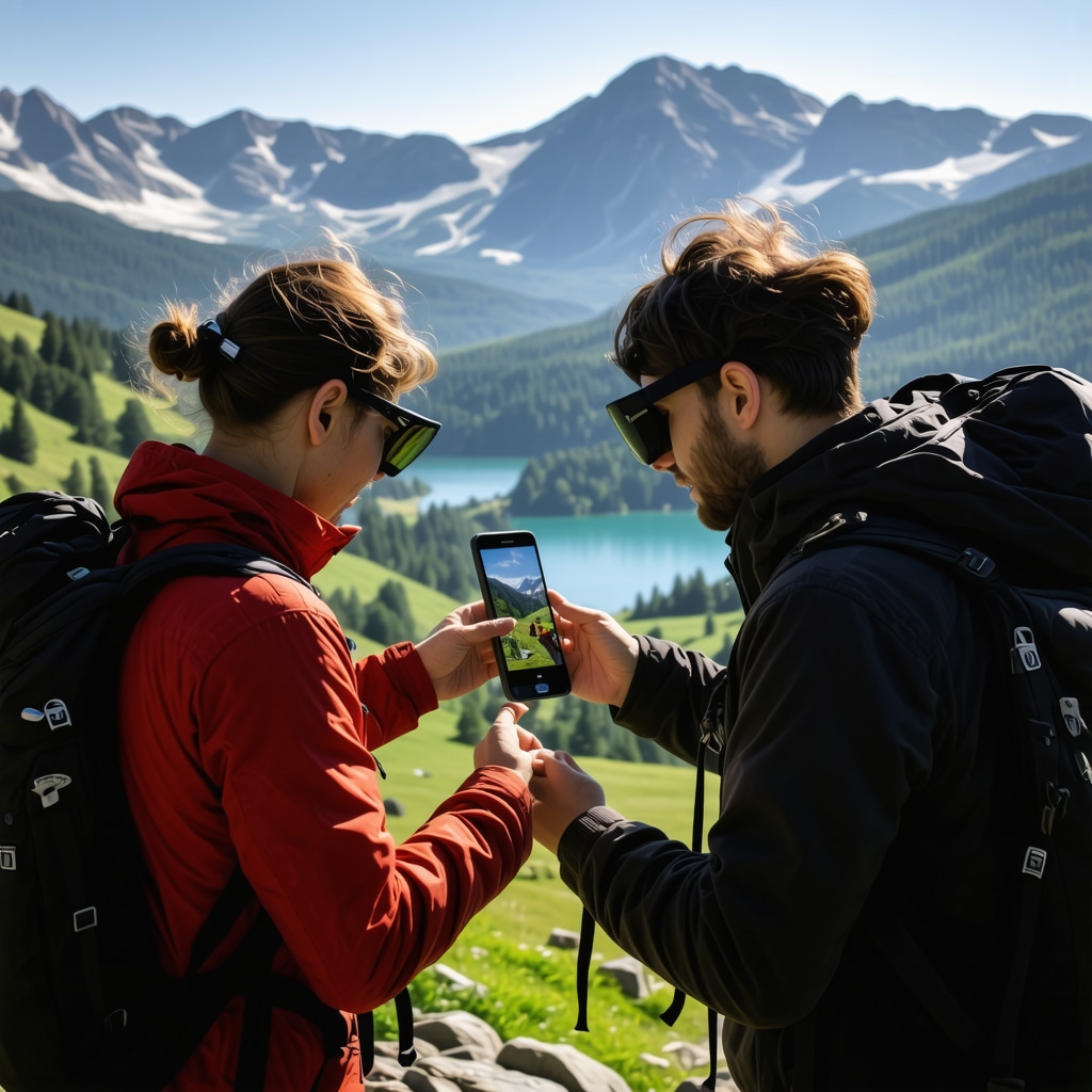Hikers in Slovenian Alps using augmented reality apps near Lake Bohinj