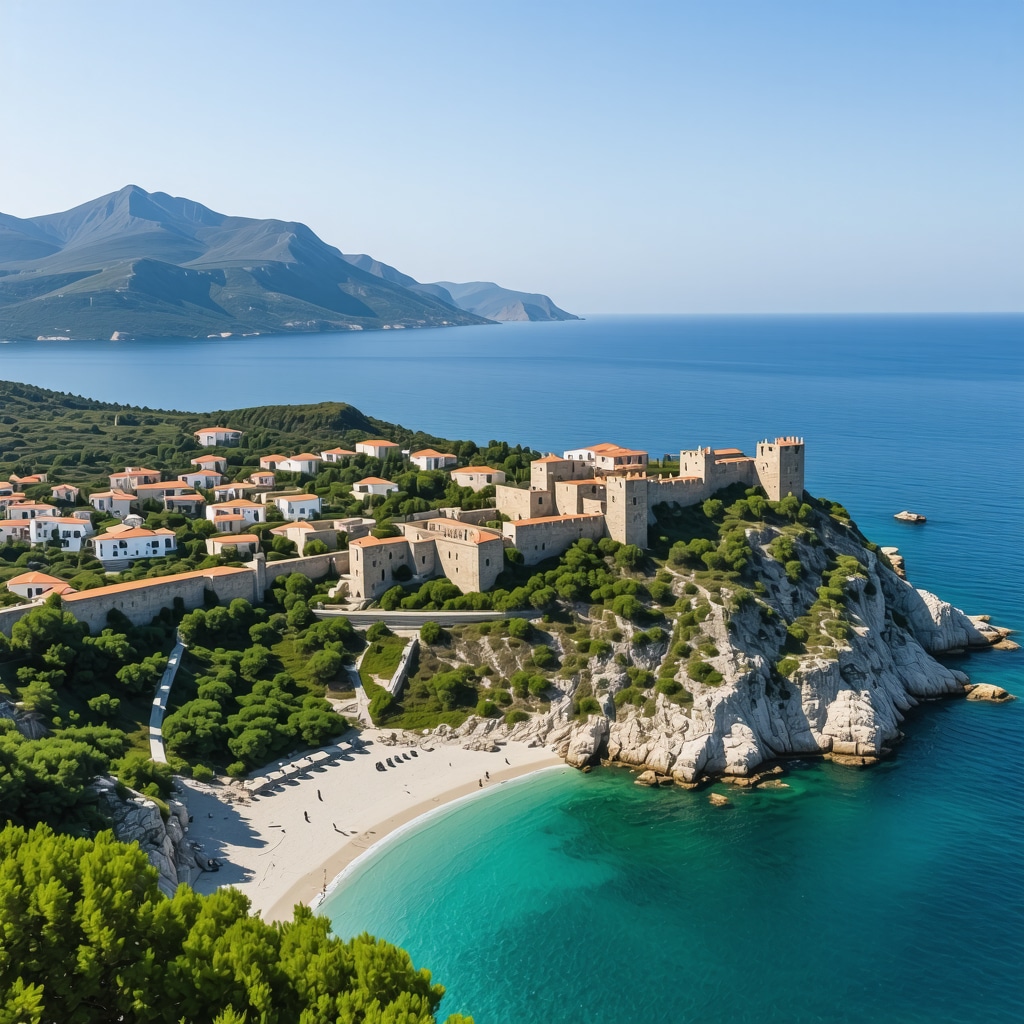 Aerial view of Himara coastline featuring beaches, historic castle, and sustainable tourism facilities