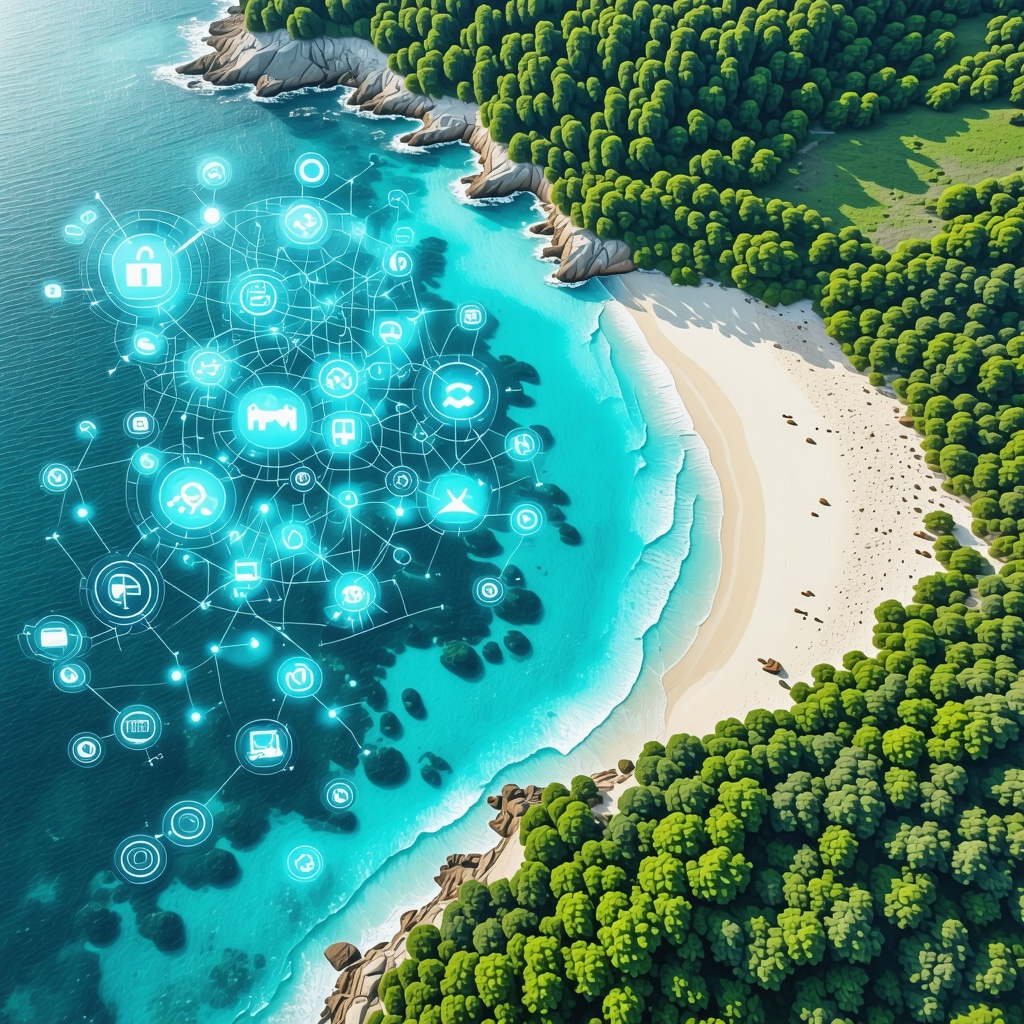 Aerial view of Himarë coastline with graphics illustrating sustainable tourism technology