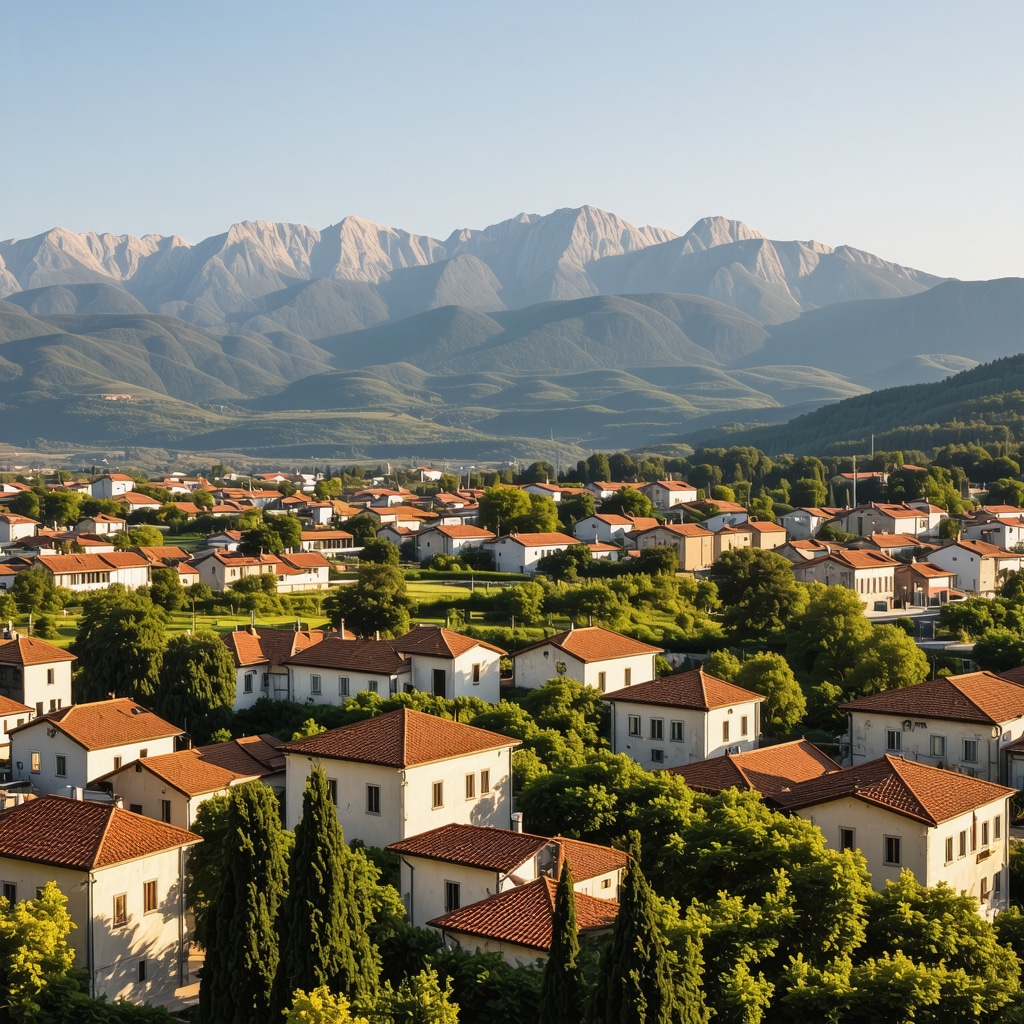 Panoramic view of Cetinje city with historic buildings and mountains in the background