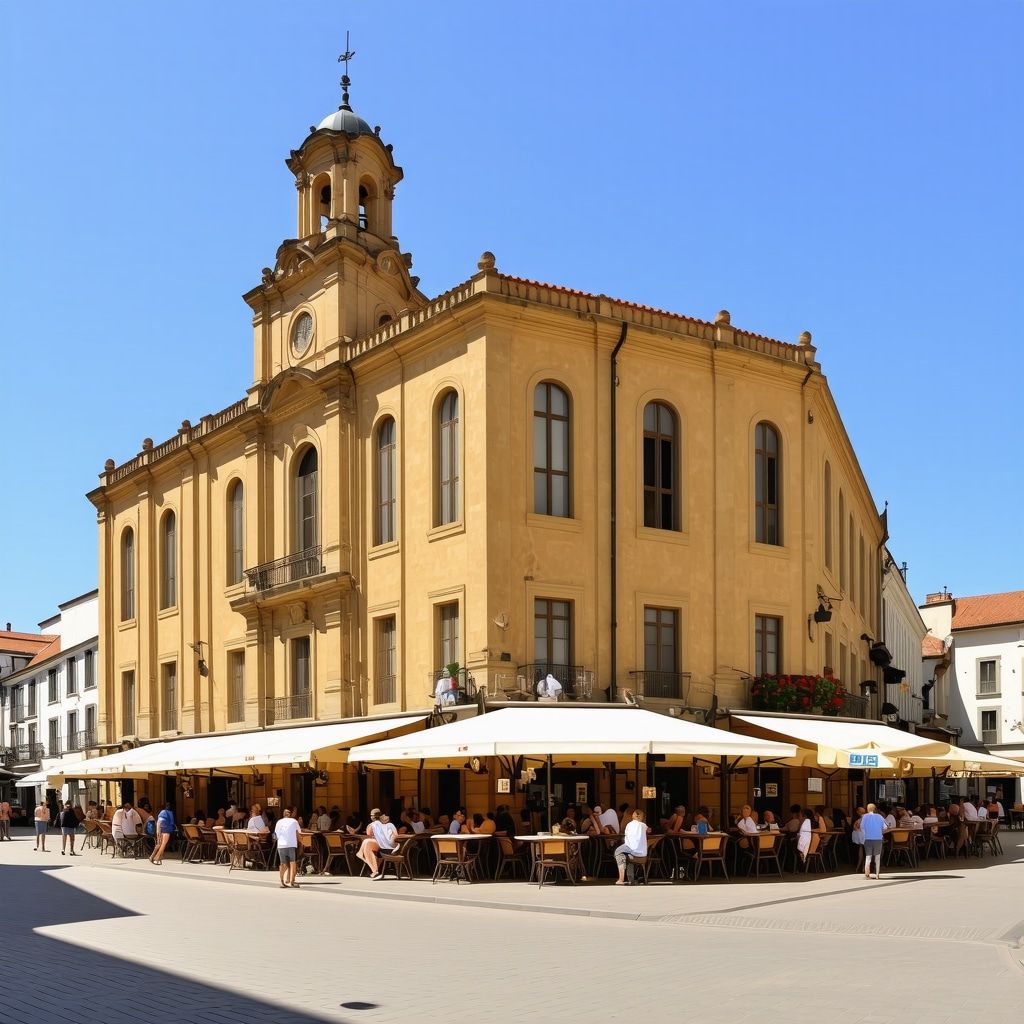 Street in Timisoara with historic buildings and modern cafes busy with people